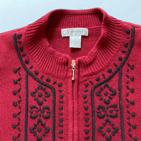 Deep Red Zip-Up Cardigan with Black Embroidered Panels - Picture 2 of 7